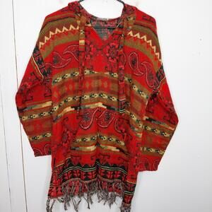 Earthbound Sweater Womens M Southwestern Hooded Pullover Tapestry Vibrant Fringe